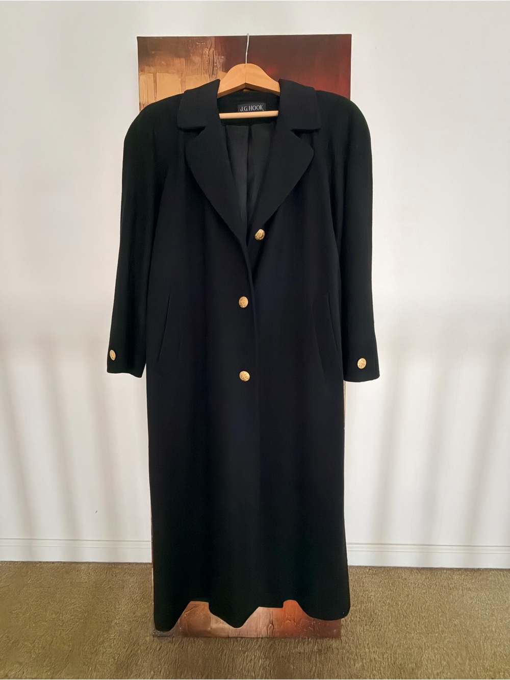 🍁 JG HOOK Vintage Women's Black Long 100% Wool Coat with Gold Buttons (Size 6) - Picture 7 of 7